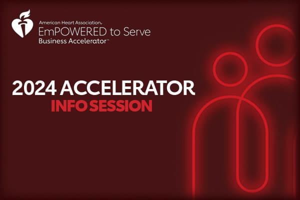 Bold text "2024 Accelerator Info Session" is to the left of a digital illustration of red overlapping people icons in the style of a neon sign on a dark maroon background.