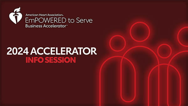 Bold text "2024 Accelerator Info Session" is to the left of a digital illustration of red overlapping people icons in the style of a neon sign on a dark maroon background.