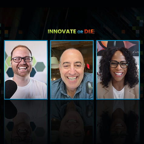 a video frame from the Innovate or Die podcast showing the two hosts and Pamela Garmon-Johnson