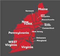 map of Connecticut, Delaware, Maine, Maryland, Massachusetts, New Hampshire, New Jersey, New York, Pennsylvania, Rhode Island, Vermont, Virginia and West Virginia and Washington, D.C.